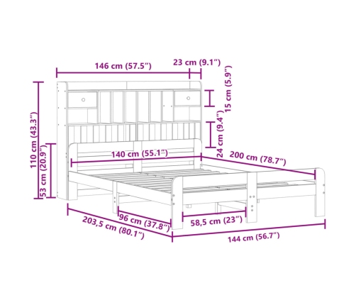 Cama con estantería sin colchón madera maciza marrón 140x200 cm