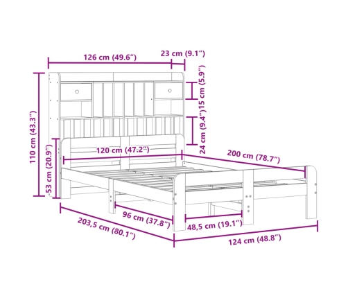 Cama con estantería sin colchón madera maciza de pino 120x200cm