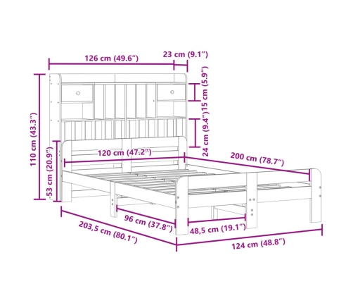 Cama con estantería sin colchón madera maciza marrón 120x200cm