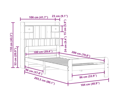 Cama con estantería sin colchón madera maciza marrón 100x200 cm