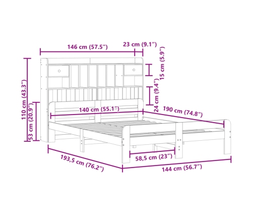 Cama con estantería sin colchón madera maciza de pino 140x190cm