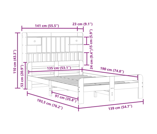 Cama con estantería sin colchón madera maciza marrón 135x190cm