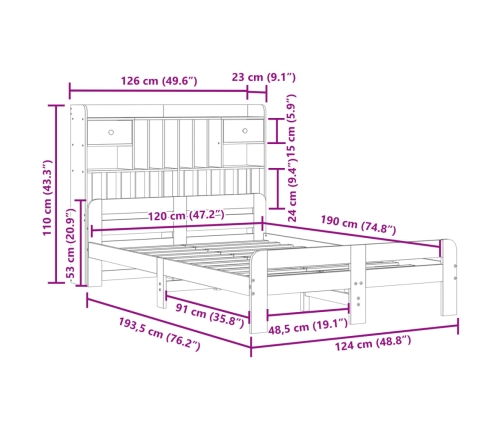 Cama con estantería sin colchón madera maciza de pino 120x190cm