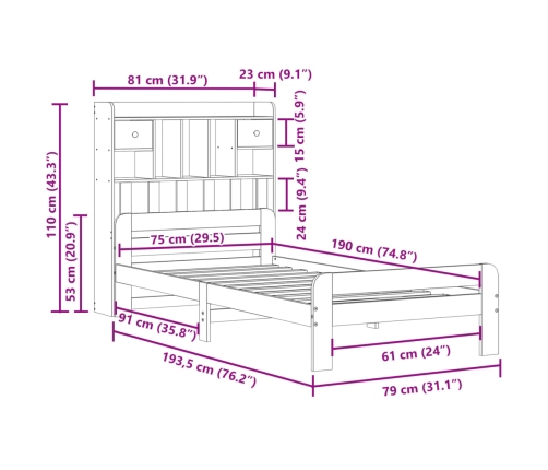 Cama con estantería sin colchón madera maciza blanca 75x190 cm