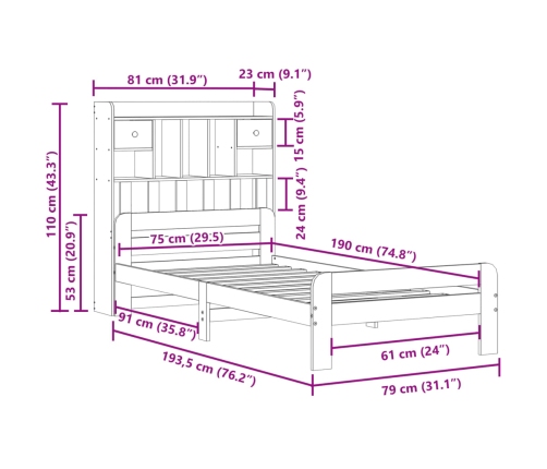 Cama con estantería sin colchón madera maciza marrón 75x190 cm