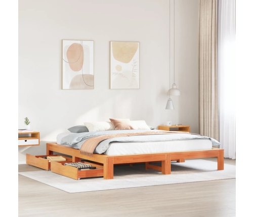 Cama sin colchón madera maciza de pino marrón cera 200x200 cm