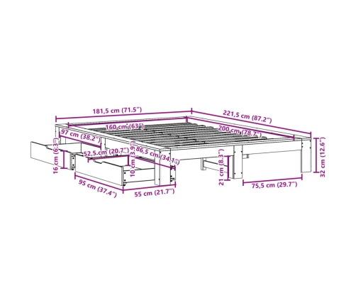 Cama sin colchón madera maciza de pino marrón cera 160x200 cm
