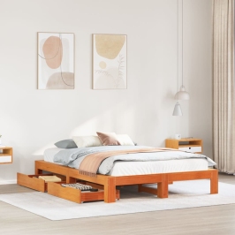 Cama sin colchón madera maciza de pino marrón cera 160x200 cm