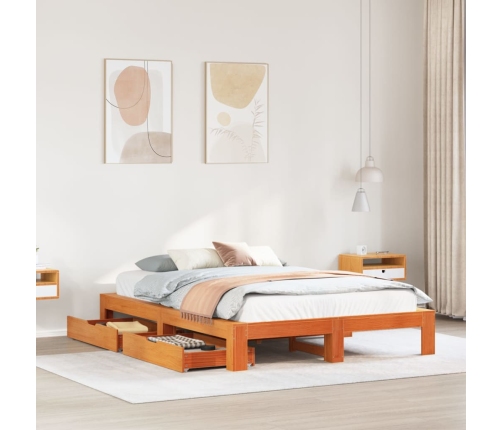 Cama sin colchón madera maciza de pino marrón cera 160x200 cm
