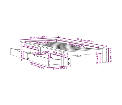 Estructura de cama sin colchón madera maciza de pino 90x200 cm