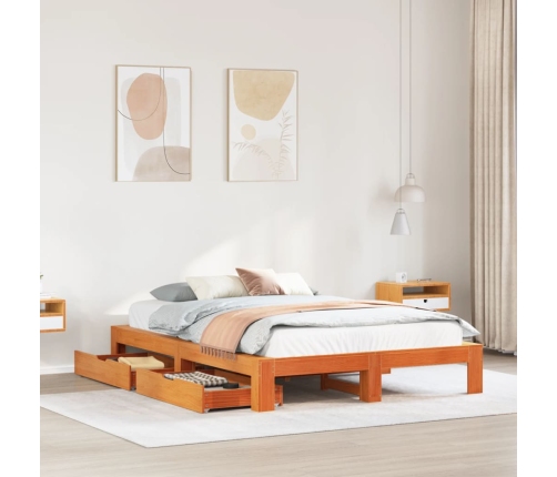 Cama sin colchón madera maciza de pino marrón cera 140x190 cm