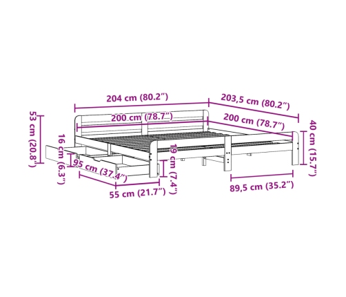 Cama sin colchón madera maciza de pino marrón cera 200x200 cm