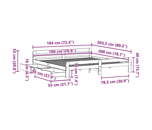 Estructura de cama sin colchón madera maciza de pino 180x200 cm