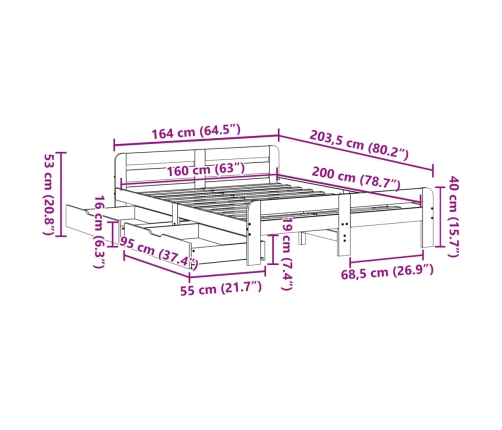 Estructura de cama sin colchón madera maciza de pino 160x200 cm