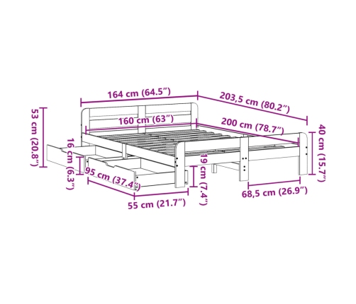 Cama sin colchón madera maciza de pino marrón cera 160x200 cm