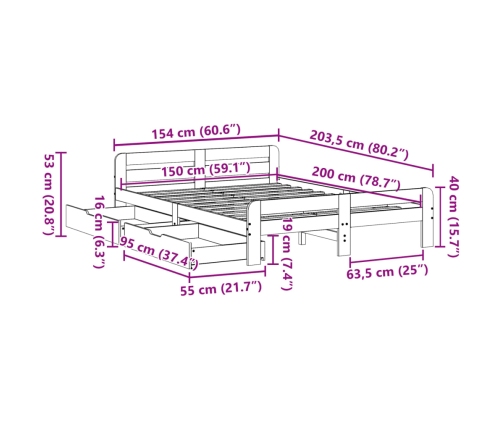 Cama sin colchón madera maciza pino marrón cera 150x200 cm