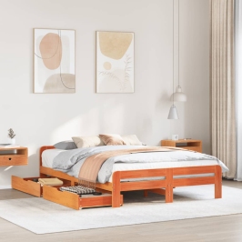 Cama sin colchón madera maciza de pino marrón cera 140x200 cm