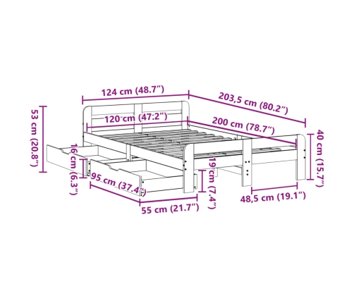 Cama sin colchón madera maciza de pino marrón cera 120x200 cm