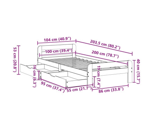 Cama sin colchón madera maciza de pino marrón cera 100x200 cm