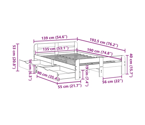 Estructura de cama sin colchón madera maciza de pino 135x190 cm