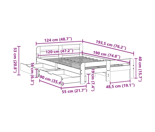 Estructura de cama sin colchón madera maciza de pino 120x190 cm