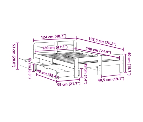 Estructura de cama sin colchón madera maciza blanca 120x190 cm