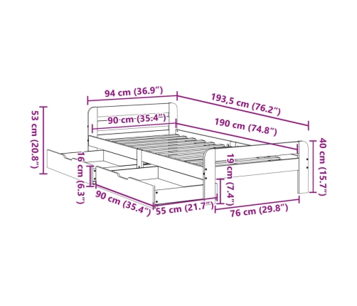 Estructura de cama sin colchón madera maciza de pino 90x190 cm