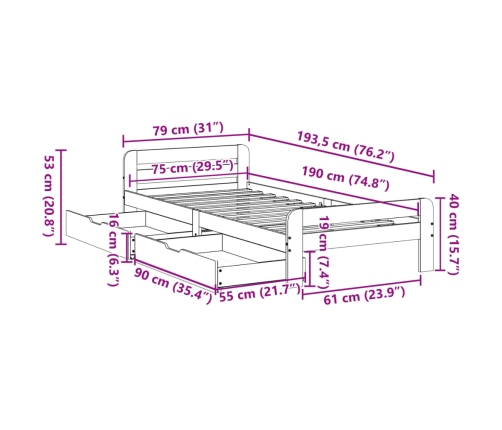 Estructura de cama sin colchón madera maciza blanca 75x190 cm