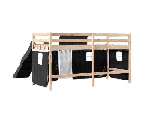 Cama alta niños con cortinas madera pino blanco negro 80x200 cm