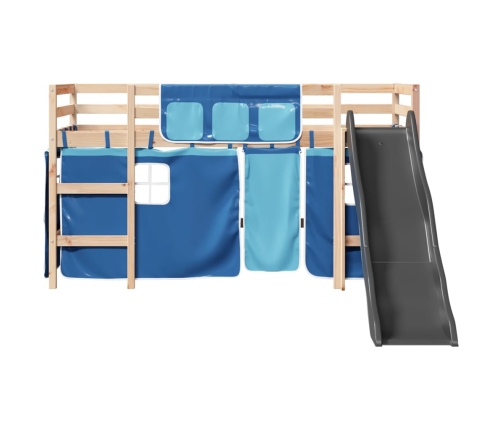 Cama alta para niños con cortinas madera pino azul 80x200 cm