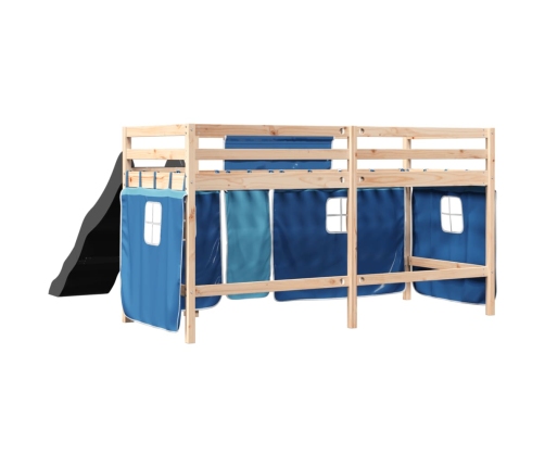 Cama alta para niños con cortinas madera pino azul 80x200 cm