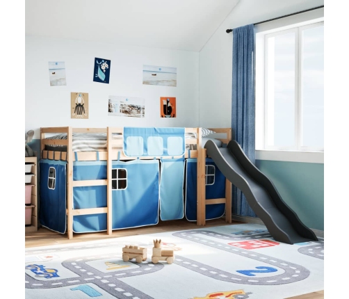 Cama alta para niños con cortinas madera pino azul 80x200 cm