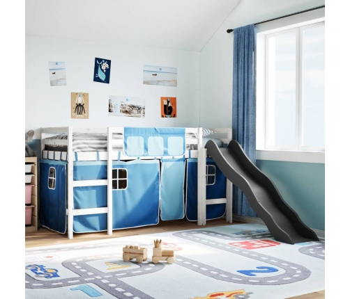 Cama alta para niños con cortinas madera pino azul 80x200 cm