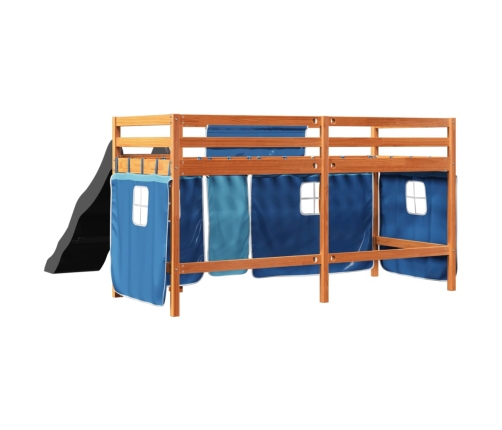 Cama alta para niños con cortinas madera pino azul 80x200 cm