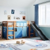 Cama alta para niños con cortinas madera pino azul 80x200 cm