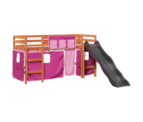 Cama alta para niños con cortinas madera pino rosa 80x200 cm