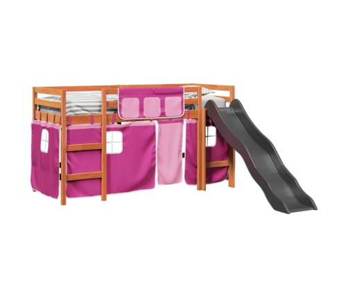 Cama alta para niños con cortinas madera pino rosa 80x200 cm