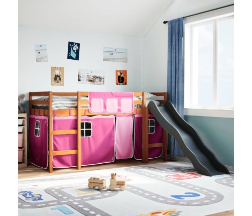 Cama alta para niños con cortinas madera pino rosa 80x200 cm