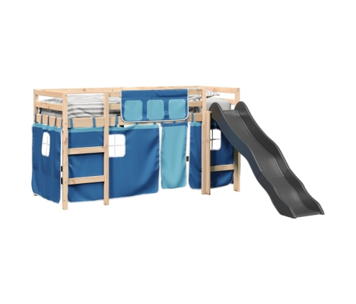 Cama alta para niños con cortinas madera pino azul 90x200 cm