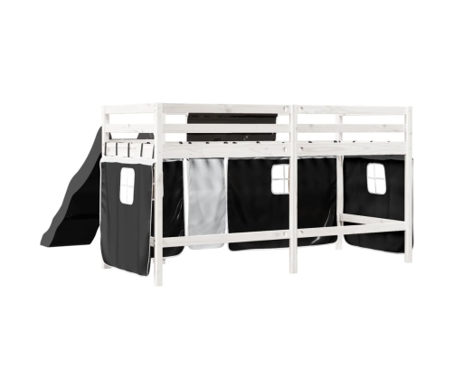 Cama alta niños con cortinas madera pino blanco negro 90x200 cm