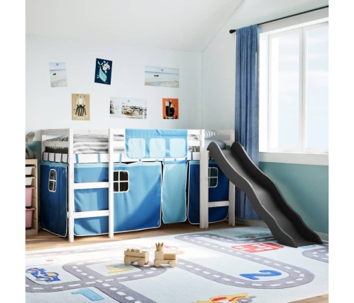 Cama alta para niños con cortinas madera pino azul 90x200 cm