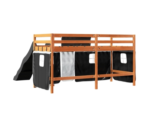 Cama alta niños con cortinas madera pino blanco negro 90x200 cm