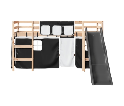 Cama alta niños con cortinas madera pino blanco negro 90x190 cm