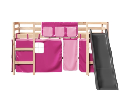 Cama alta para niños con cortinas madera pino rosa 90x190 cm