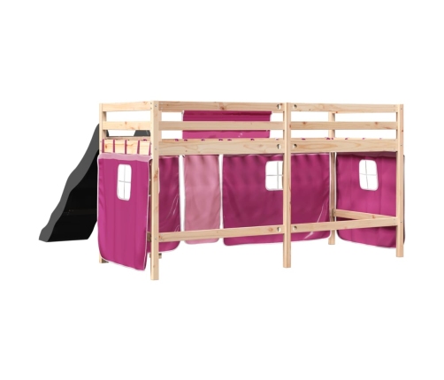 Cama alta para niños con cortinas madera pino rosa 90x190 cm