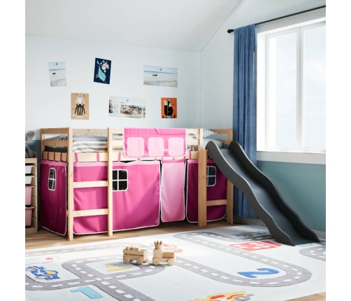 Cama alta para niños con cortinas madera pino rosa 90x190 cm