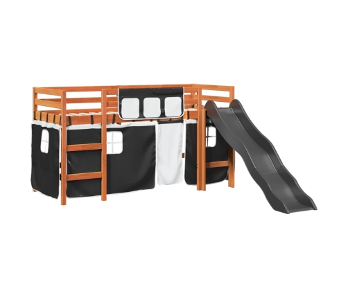 Cama alta niños con cortinas madera pino blanco negro 90x190 cm