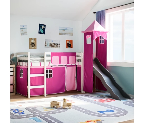 Cama alta para niños con torre madera pino rosa 90x200 cm