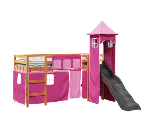 Cama alta para niños con torre madera pino rosa 90x200 cm