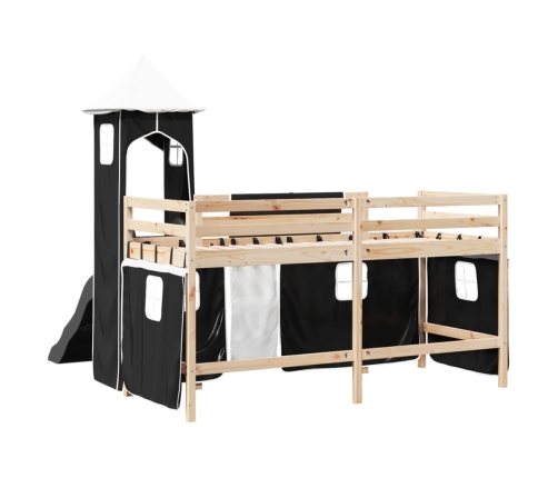 Cama alta niños con torre madera pino blanco negro 90x190 cm